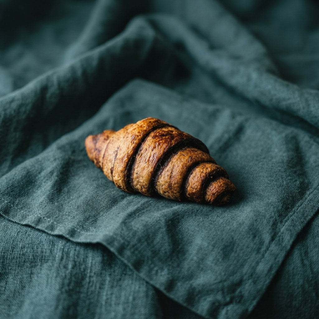 Klasszikus réteges croissant csokis töltelékkel sötétzöld alapon.