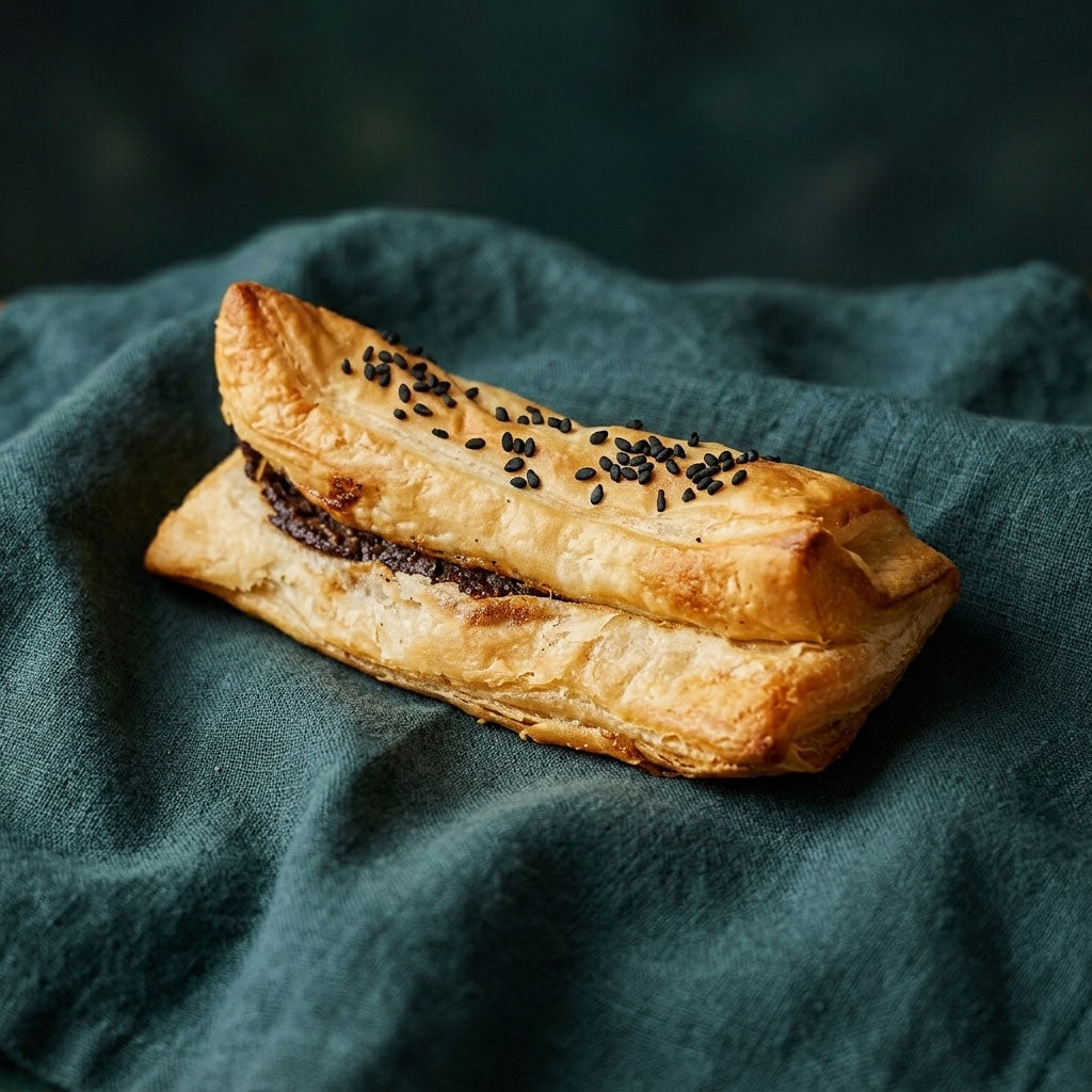 Fekete szezámmaggal megszórt, hosszúkás leveles tésztás péksütemény májas töltelékkel sötétzöld alapon.