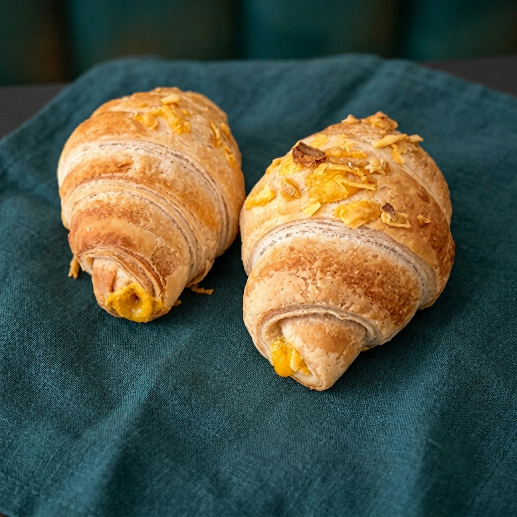 Két darab sajtos croissant sötétzöld terítőn, egyikükből enyhén kibújik a sárgás sajtos töltelék.