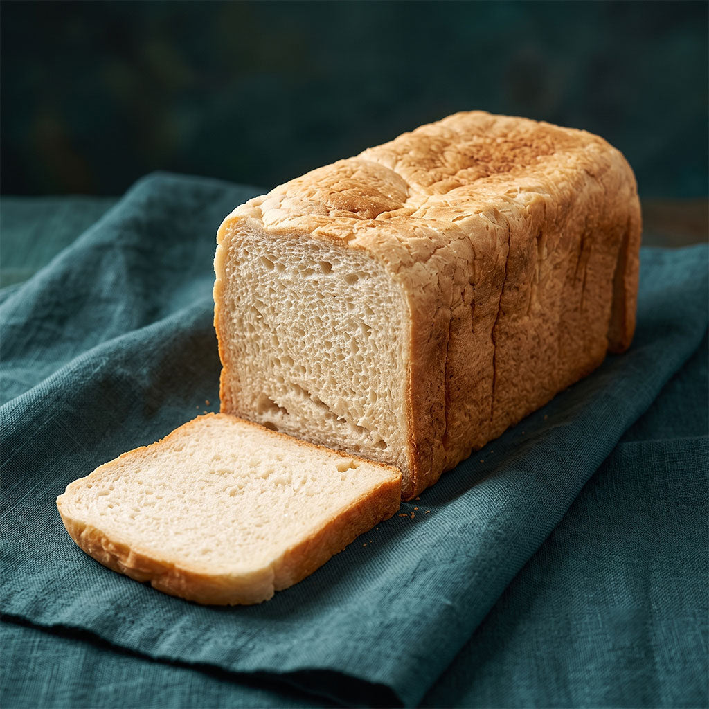 Szeletelt, puha belsejű, aranybarna héjú szögletes toastkenyér, mellette egy levágott szelettel.