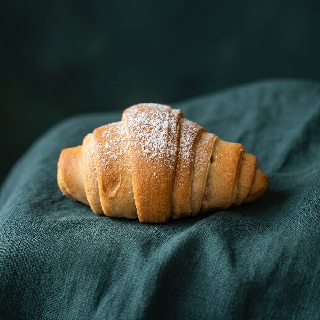 Porcukorral meghintett, klasszikus réteges eperrel töltött croissant sötétzöld terítőn.