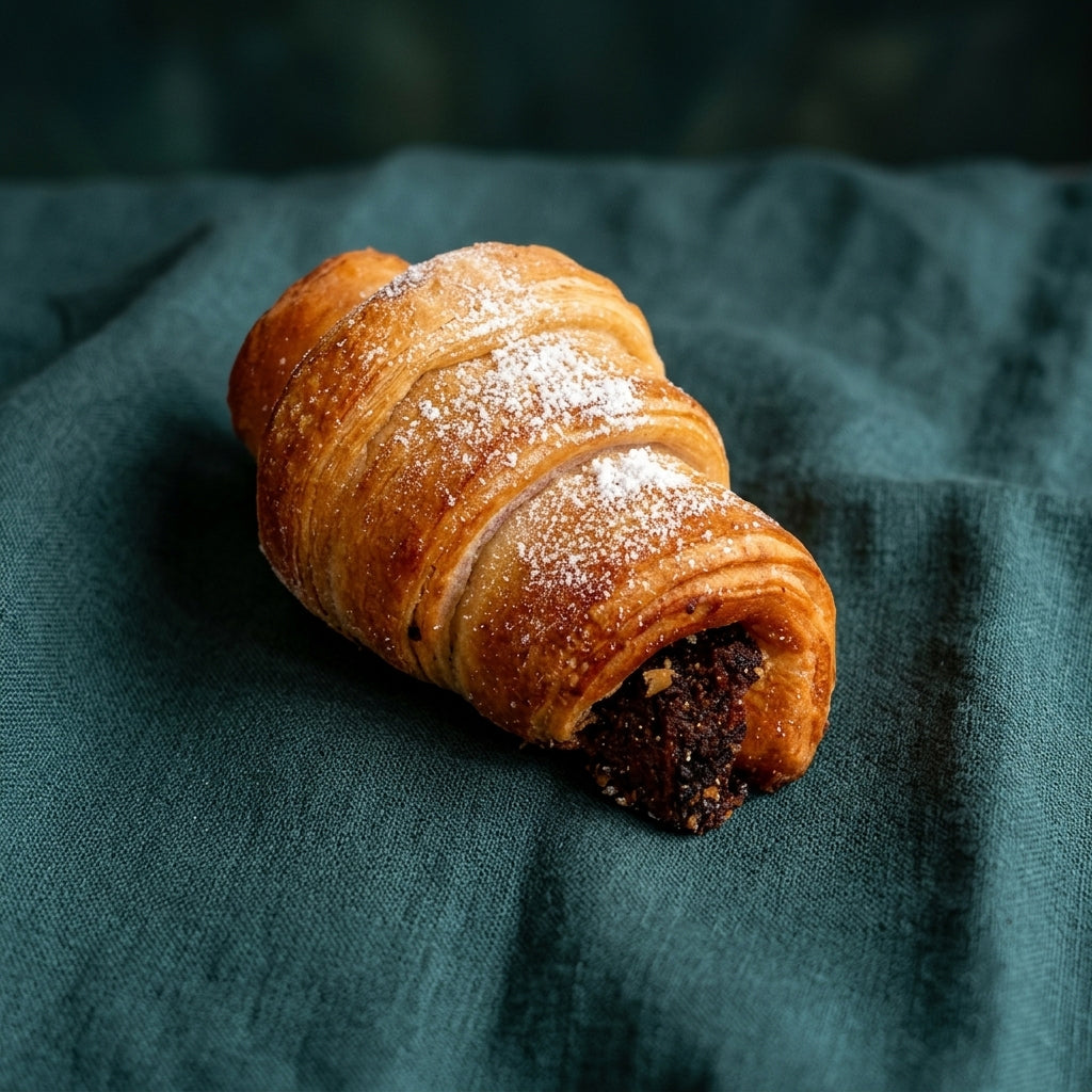 Porcukorral meghintett, csokoládékrémes croissant ropogós leveles tésztából.