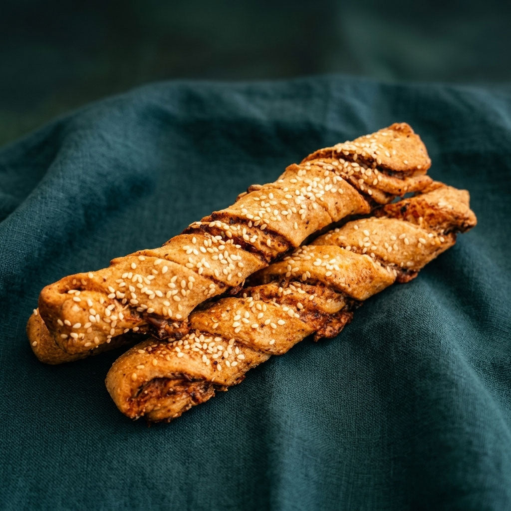 Szezámmaggal megszórt, pizzás csavart péksütemény rudak sötétzöld szalvétán.
