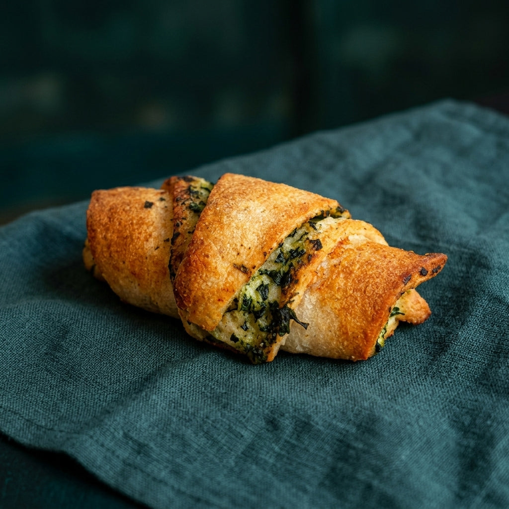 Spenótos töltelékkel készült, leveles croissant sötétzöld textílián.