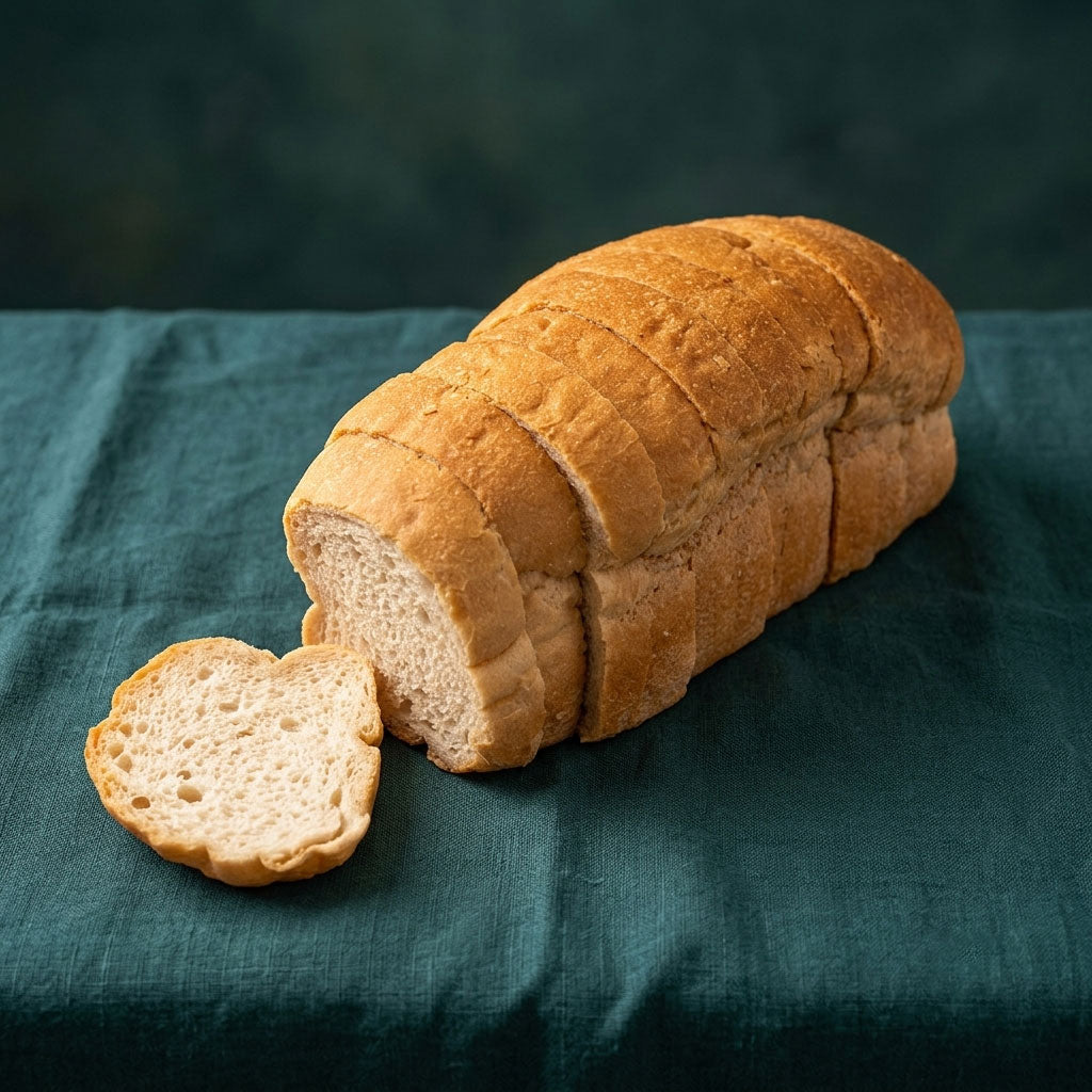 Szeletelt, hosszúkás fehér kenyér egy különálló szelettel sötétzöld textilen.