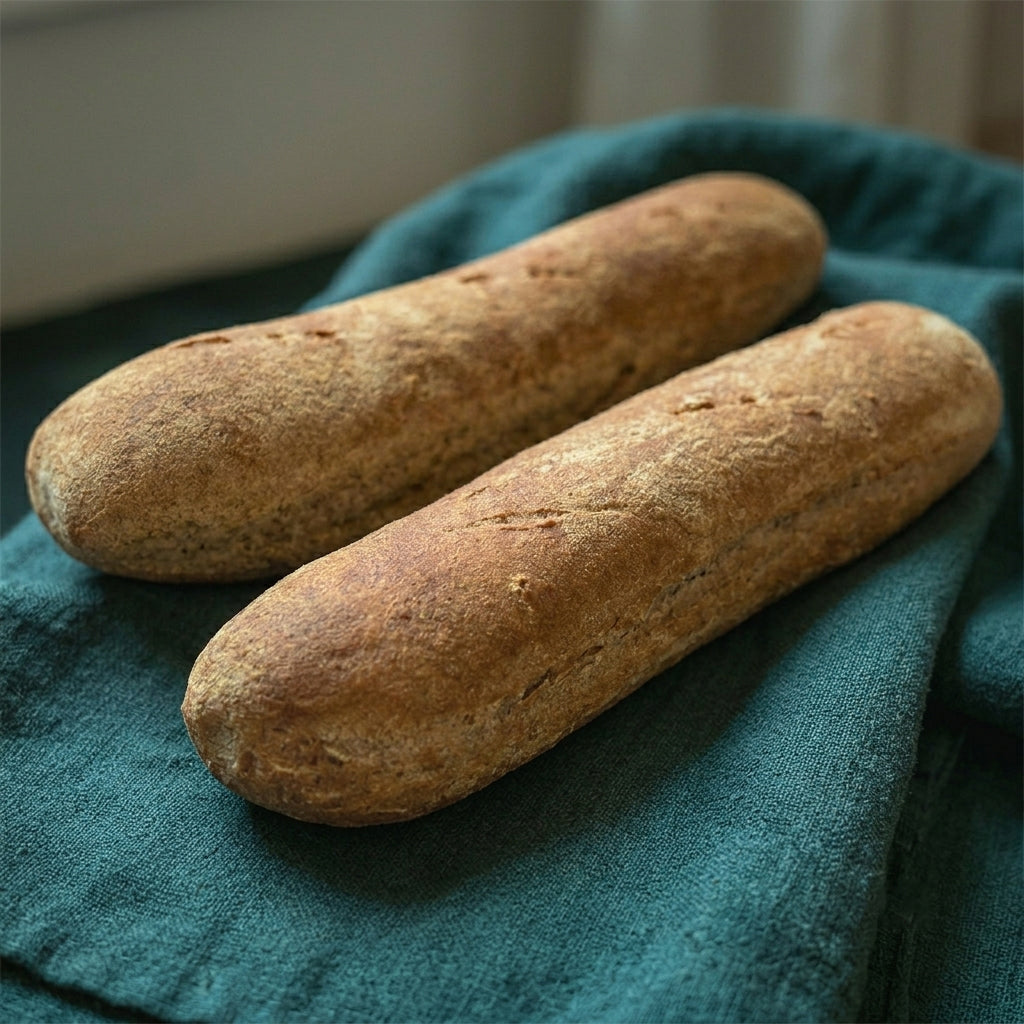 Két hosszúkás, rusztikus vöröslencsés bagett sötétzöld szalvétán tálalva.